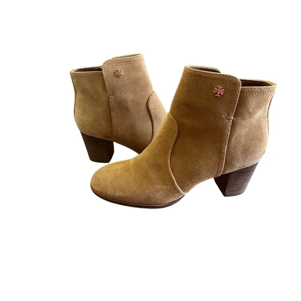 Tory Burch Ankle Booties Womens 7.5 Tan‎ Side Zip Block Heel Logo